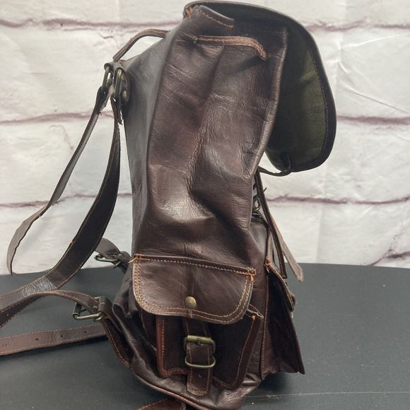 Genuine Leather Backpack Purse Pockets Adjustable Drawstring Buckle Brown Soft - Picture 5 of 14